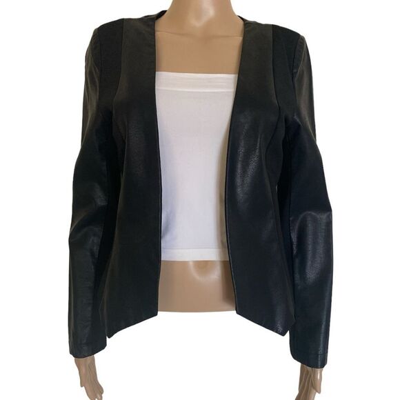 Michel Women’s Size M Black Faux Leather Blend Open Front Rare Edition Jacket - Picture 1 of 12